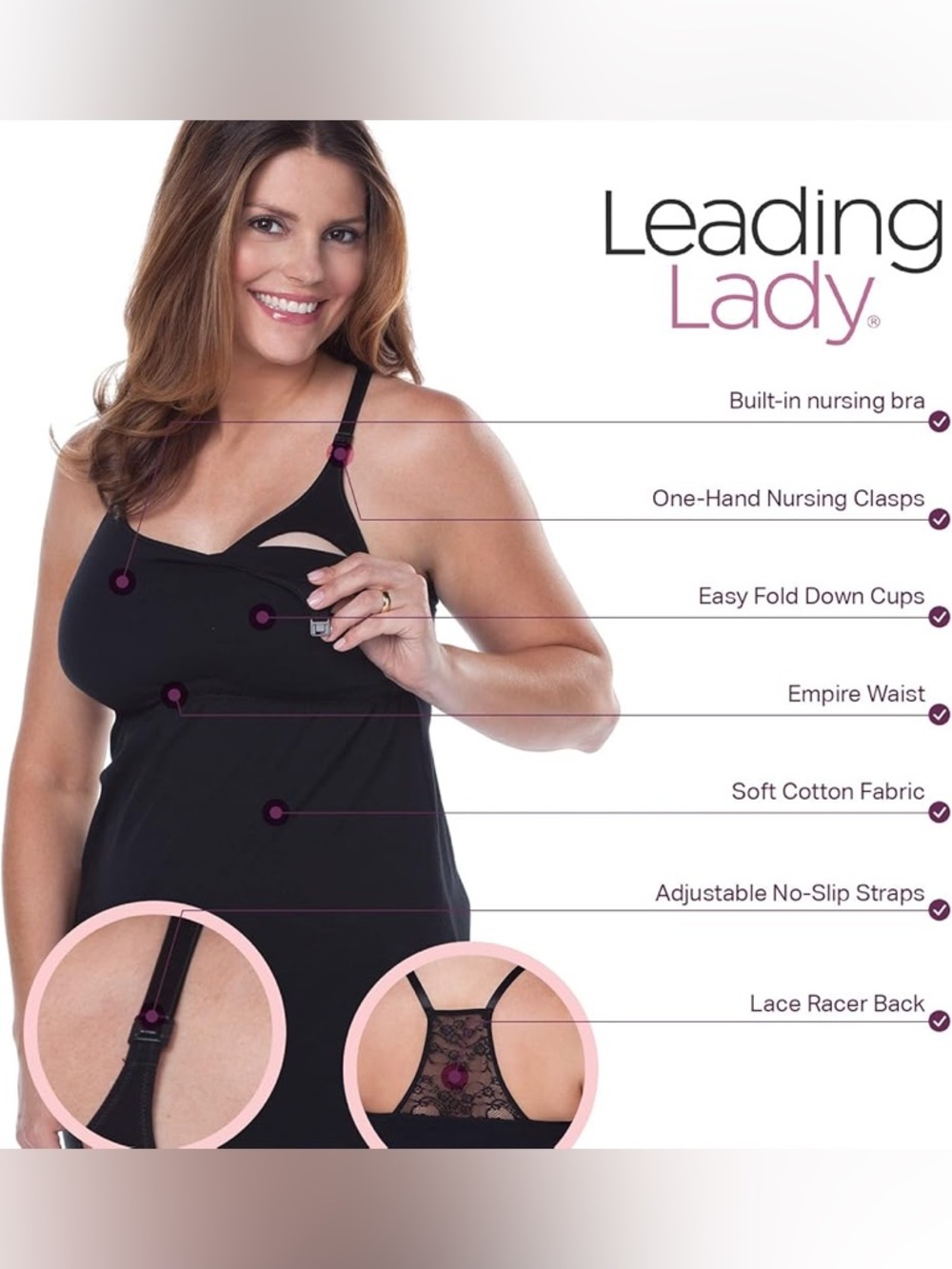 Leading Lady Black Lace Racer Back Comfort Cami Maternity Nursing Tank NWT